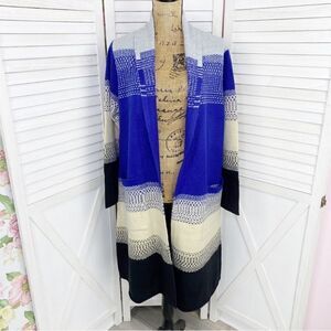MaxSport Western Colorblock Long Cardigan Sweater Gray‎ Blue Cream Black Large